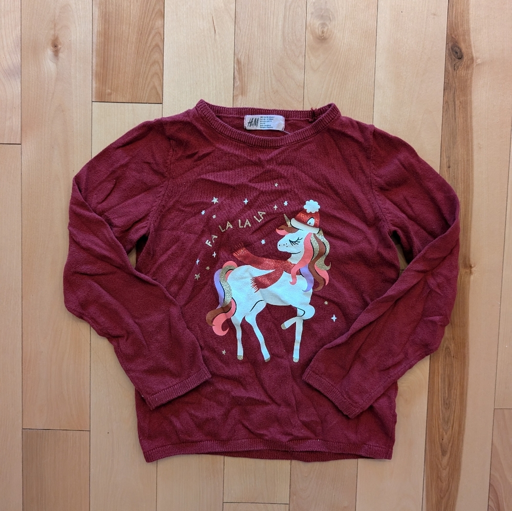 H&M Christmas Unicorn Sweater 6X-7 Dark Red